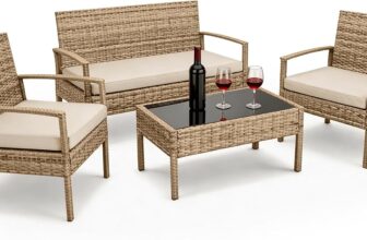 Minifactory 4-Piece Weatherproof Polyrattan Garden Furniture Set, Compact Outdoor Patio Seating Group with 2 Armchairs, Bench, Table & 3 Cushions, Rattan Sofa Set for Garden, Balcony (Gradual Yellow)