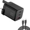 Minthouz 3-Port GaN USB Plug UK with 1.2m Charging Cable PD 67W 2USB-C&1USB-A Portable Charger for Laptop/Phone Charge,Fast Charger Compatible with Macbook/Samsung Galaxy Series