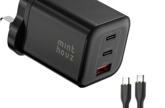 Minthouz 3-Port GaN USB Plug UK with 1.2m Charging Cable PD 67W 2USB-C&1USB-A Portable Charger for Laptop/Phone Charge,Fast Charger Compatible with Macbook/Samsung Galaxy Series
