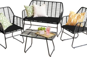 Neo Garden Furniture Patio Wicker Bamboo Style Cane Chair Table Outdoor Indoor Balcony Conservatory Rattan Cushion Sofa Set 4 Piece (Black)