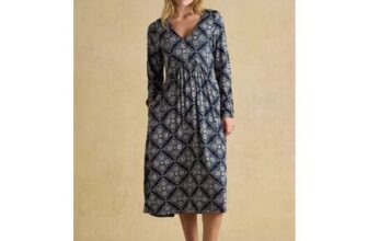 Nia Navy Geo V-Neck Long Sleeve Midi Jersey Dress