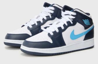 Nike Air Jordan 1 Mid Unisex Kids High-top Trainers – Obsidian/Powder Blue/White, sizes 3 – 6.5