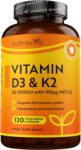 Nutravita Vitamin D3 3000iu & K2 100ug (MK7) 120 Vitamin D3 K2 Vegetarian Capsules Supports Normal Bones, Muscles, Teeth and Immune System Cholecalciferol & Menaquinone-7