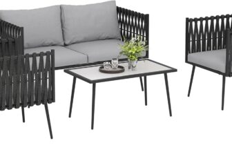 Outsunny 4 Piece Outdoor Garden Furniture Set with Cushions, 4 Seater Garden Sofa Set with Loveseat, Armchairs and Faux Marble Top Table, Outdoor Furniture Set for Patio, Conservatory, Light Grey