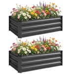 Outsunny Set of 2 Raised Garden Bed, Outdoor Planter Box with Galvanised Steel Frame for Growing Vegetables, Flowers , 100 x 60 x 30 cm