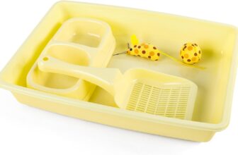 PAWISE Cat Accessories Set of 4 Cat Accessories Including Litter Tray, Litter Scoop, Bowl and Kitten Toy, 14.5 x 10.7 Inches, Yellow