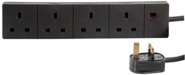 PRO ELEC 4-Gang Mains Extension Lead, 1m Black, 13A UK Plug