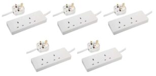 PRO ELEC 5 Pack 2 Gang Mains Extension Lead, 3m, White 13A UK Plug, BS 1363/A Compliant