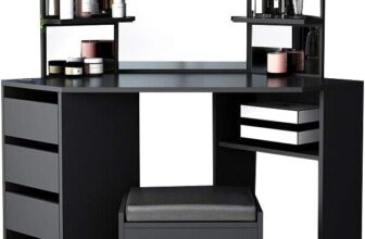 Panana Corner Dressing Table with Mirror, Makeup Table Set with Cushioned Stool Storage 5 Drawers Shelves Cosmetic Vanity Dresser Desk for Bedroom Home Black