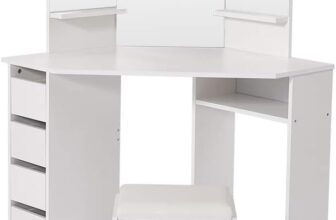Panana Corner Dressing Table with Mirror, Makeup Table Set with Cushioned Stool Storage 5 Drawers Shelves Cosmetic Vanity Dresser Desk for Bedroom Home White