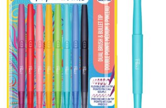 Paper Mate Flair DUAL Felt Tip Pens Brush and Medium Tips (0.7mm) Double Ended Colouring Pens Assorted Colours 8 Count – with Prime