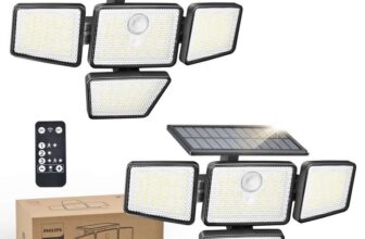 Philips Solar Security Lights x2 , 196 LED Flood Lights, PIR, 3 Modes,4 Adjustable Heads Remote. Sold by Favourine-UK FBA – Prime Deal