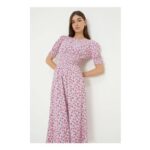 Pink Ditsy Shirred Waist Jersey Midi Dress