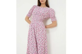 Pink Ditsy Shirred Waist Jersey Midi Dress