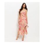 Pink Floral Chiffon Ruffled Midi Dress