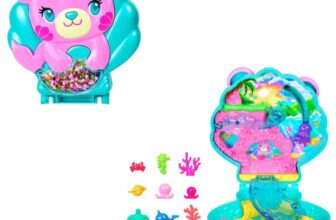 Polly Pocket Dolls and Playset, Glitter Island Compact, with 1 Micro Mermaid Doll, Ocean Pets & Accessories
