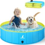 Pourbibi Foldable Dog Pool for Small Dogs – 80x20cm Doggy Paddling Pool, Thickened PVC Bath Pool with Anti-Slip Base Drain, Outdoor Water Toy for Puppies, Kids in Garden Backyard