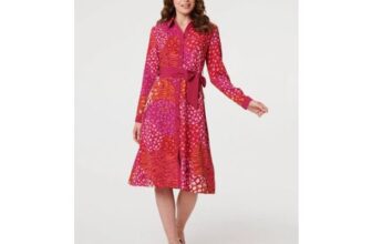 Printed Long Sleeve Collared Midi Dress in Pink