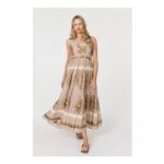 Printed Ruched Sleeveless Maxi Dress in Brown