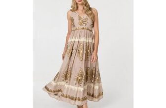 Printed Ruched Sleeveless Maxi Dress in Brown