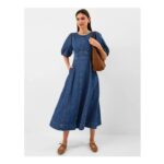 Puff Sleeve Denim Midi Dress Blue