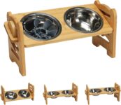 RLAVBL Raised Dog Bowl with Stand 37cm(W) x 19cm(H) Adjustable Bamboo Pet Feeding Station with Slow Feeder and 2 Stainless Steel Bowls, Anti-Slip Pads, Small Dogs and Cats Bowl