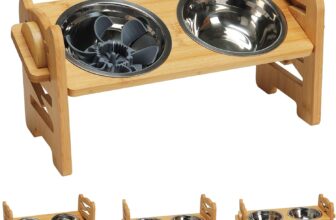 RLAVBL Raised Dog Bowl with Stand 37cm(W) x 19cm(H) Adjustable Bamboo Pet Feeding Station with Slow Feeder and 2 Stainless Steel Bowls, Anti-Slip Pads, Small Dogs and Cats Bowl