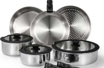 ROYDX Stainless Steel Pots and Pans Set,18/10 Uncoated Pan Set with Stainless Steel Frying Pan,Steamer & Saute Pan,Detachable Stay-Cool Handles,Glass Lids,LFGB Approved,Suitable for All Hobs