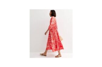 Red and Pink Floral Smock Midi Dress