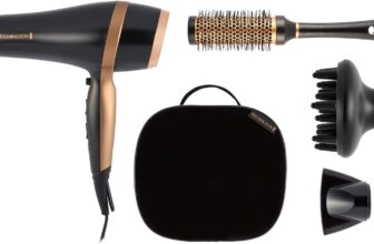 Remington Hair Dryer (Gift Set with Concentrator & Diffuser, Ceramic Ionic Grille, 3 Heat & 2 Speed Settings and Cool Shot, Premium Storage Bag, Round Brush, 2000W) Salon Smooth D6960GP