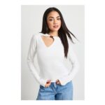 Rib Long Sleeve Keyhole Detail Top with Bead Trim