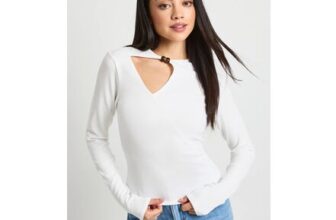 Rib Long Sleeve Keyhole Detail Top with Bead Trim