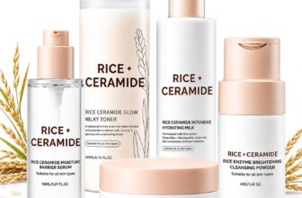 Rice Ceramide Skin Care Sets & Kits – 5-Step Korean Glass Skin Care Set for Sensitive Skin with Rice Milky Toner, Serum, Lotion, Cleansing Powder & Eye Patches, Beauty Gift Sets for Women