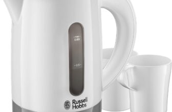 Russell Hobbs Electric 0.85L Travel Kettle, Small & Compact, Dual voltage, Ideal for abroad/caravan/camping, inc 2 cups & spoons, Removable washable anti-scale filter, water windows, 1000W, 23840