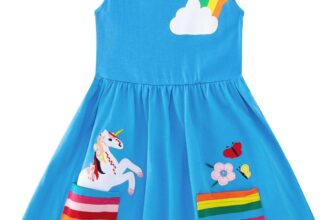 SFreeBo Little Girls Dresses Rainbow Long Sleeve/Sleeveless Dress Girls Cotton Pocket T-Shirt Dress Kids Winter/Summer Stripe Dress with Unicorn Flowers Print 3-8 Years