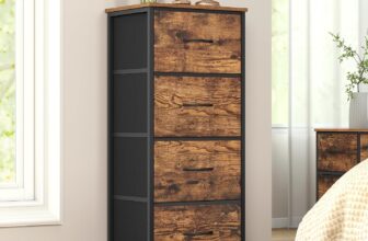 SONGMICS Chest of Drawers, 4 Fabric Drawers Storage Unit, Steel, MDF, Non-Woven Fabric, for Bedroom, Closet, Hallway, Living Room, Rustic Brown and Ink Black LGS314BH04