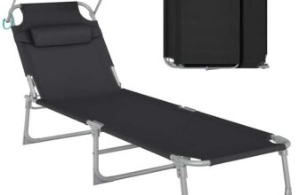 SONGMICS Sun Lounger with Headrest, Backrest and Parasol, Tilt, Lightweight, Foldable, 53 x 193 x 29.5 cm, Black Sold By Songmics Prime Deal