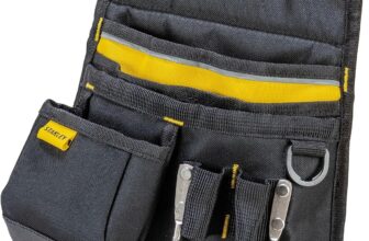 STANLEY Leather Tool Belt Pouch, Double Pocket Storage Organiser, Hammer Loop, 1-96-181