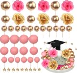SYKYCTCY 33 Pack 2026 Graduation Cake Topper Grad Cap Tassel Diploma Flowers Little Stars Balls Cake Pick for 2026 Graduation Theme Party Cake Decorations Supplies