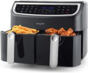 Salter EK4548 Dual Air Fryer – Double Drawer, 2 XL Non-Stick Cooking Trays, Sync & Match Cook Function, Independent Cooking, 8.2L, Sensor Touch Display, 12 Presets, Oil Free, 2200W-2600W, Black/Silver