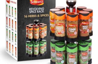 Schwartz Rotating Spice Rack, Space Saving, Includes 16 Herbs and Spices Jars for your Favourite Dishes 373 G