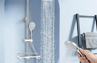 Shower Riser Rail Kit,Chrome Shower Set with 20cm Round Overhead Rainfall Shower,Handheld Shower Head and Shelf,Suitable for Bathroom