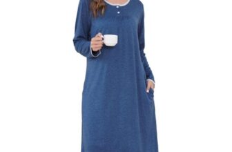 Sopesil Womens Long Sleeve V-Neck Button-down Nightdress, Blue XXL