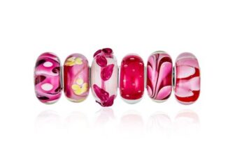Sterling Silver Core Murano Glass Beads, Translucent Red Pink Floral