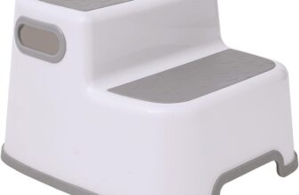 Straame Double Step Stool for Kids, Non Slip 2 Step Toddler Stool with Plastic Body, Rubber Grip Steps, Built-in Handles for Potty Training, Bathroom Sink, Kitchen Use, White and Grey