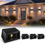T-SUN Solar Powered Wall Lights Outdoor Garden, Up and Down Solar fence Light, 3000K Warm White, Adjustable Beam Angle, IP65 Waterproof for Front Porch, Fence, Patio, Backyard, Deck,Garden, Pool, 4PCS