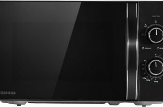 TOSHIBA Black Mirror Front Microwave 20 Liter 700W Manual Control, Compact with 5 Power Levels, Automatic Defrost, Perfect for 9 Pizza, Clock and Timer, Easy Clean, MW2-MM20PF(MB)