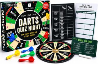 Talking Tables Darts Quiz Night Game – Magnetic Dart & Trivia Pub Quiz Hybrid, Reusable Board with Questions, Scoreboard, Chalk Props & Trophy, Family Games Gift, Players 4, Ages 9