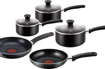Tefal Essential 5-Piece Non-Stick Cookware Set: 3 Saucepans (16/18/20CM) with Lids, 2 Frying Pans (20/24CM), Compatible with All Hobs Except Induction Black – B472S545