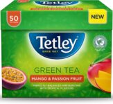 Tetley Mango & Passionfruit Green Tea, 50 Teabags – Rainforest Alliance Certified Green Tea Bags with Mango & Passionfruit – Light and Antioxidant-Rich Blend for a Fruity and Refreshing Brew